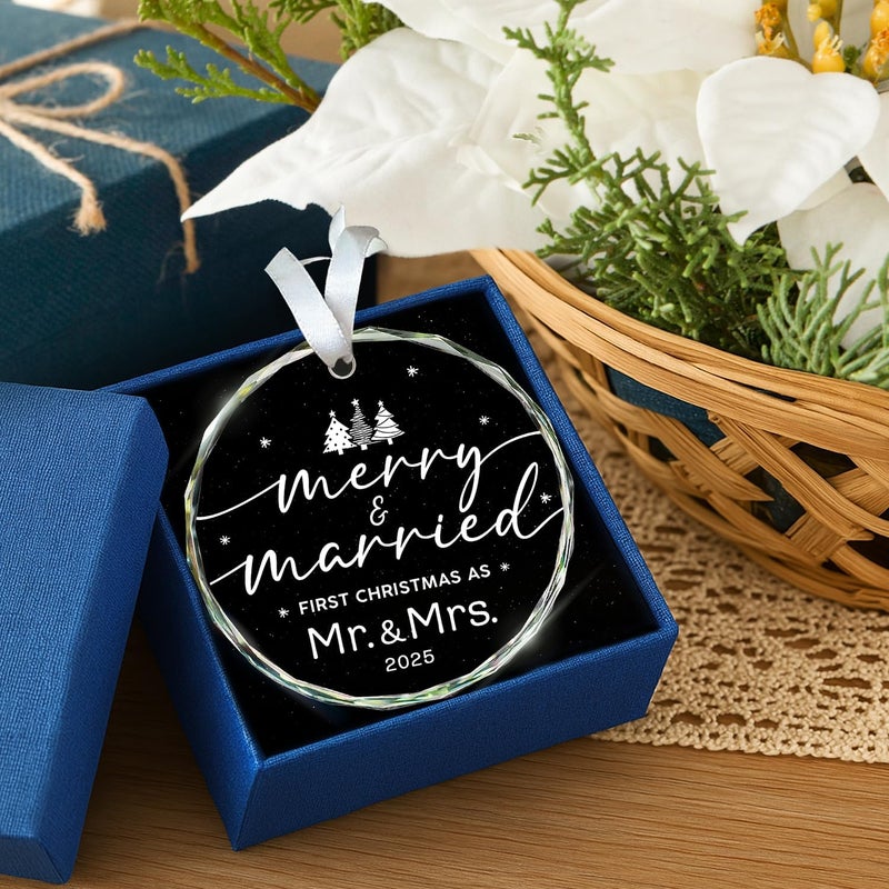 HEXMOZ Wedding Gifts for Couples 2025 - First Christmas Married Glass Ornament, Mr and Mrs Gifts, Wedding Ideas for Newly Wed, Just Married Couple, Bride - Bridal Shower Gift 1st Christmas Merry Decor - Image 5